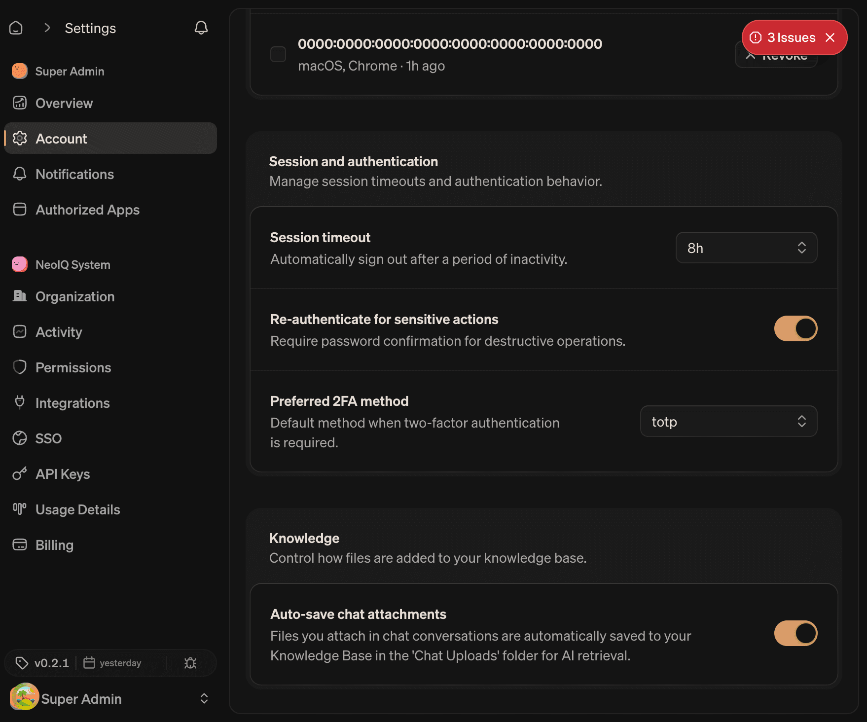 Account security panel with an active session row, an 8-hour session timeout, the Re-authenticate for sensitive actions toggle, and the Preferred 2FA method set to TOTP