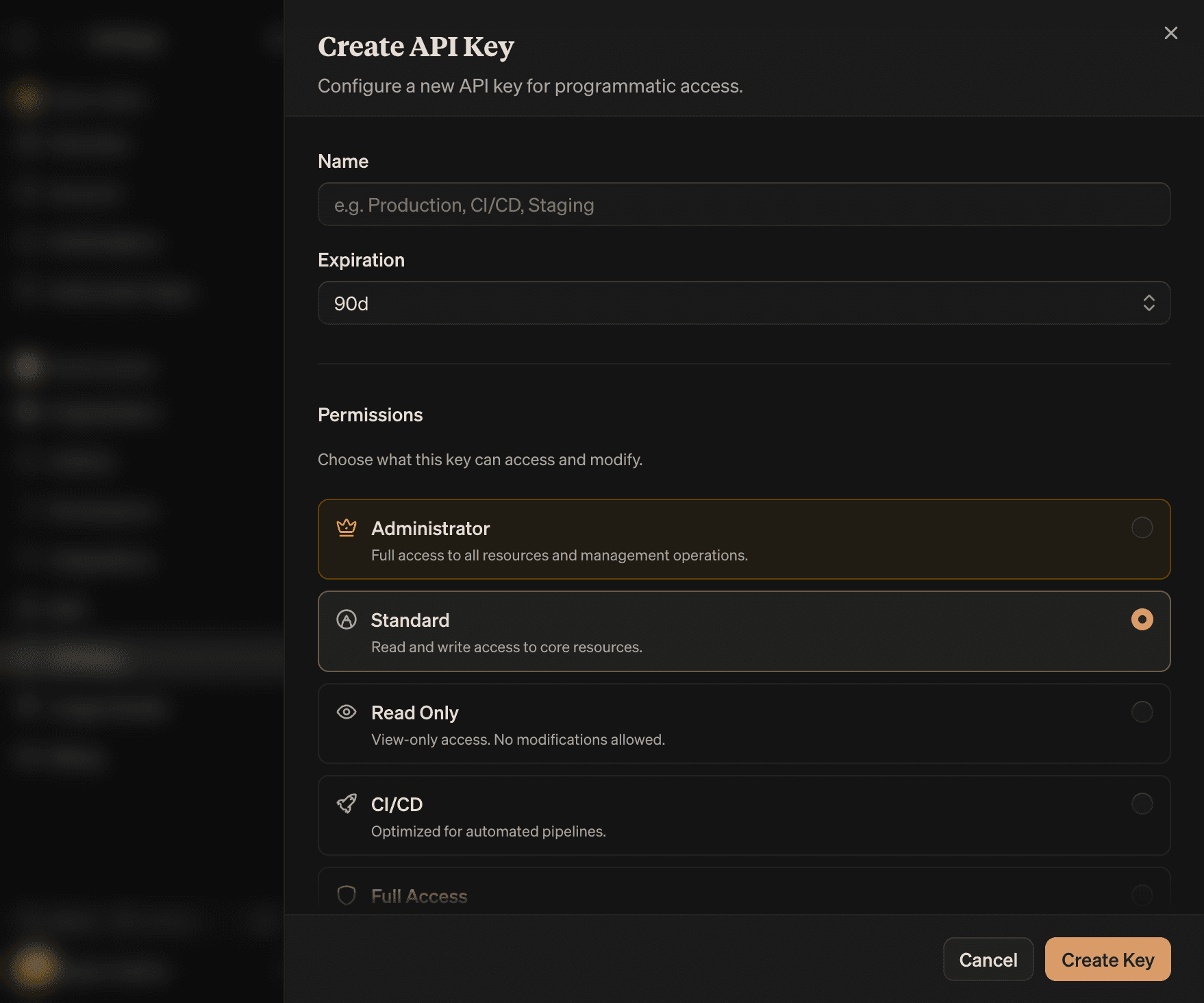 Create API Key sheet with Name, Expiration, and Permissions sections; the six presets (Administrator, Standard, Read Only, CI/CD, Full Access, Custom) appear as selectable cards with Standard chosen