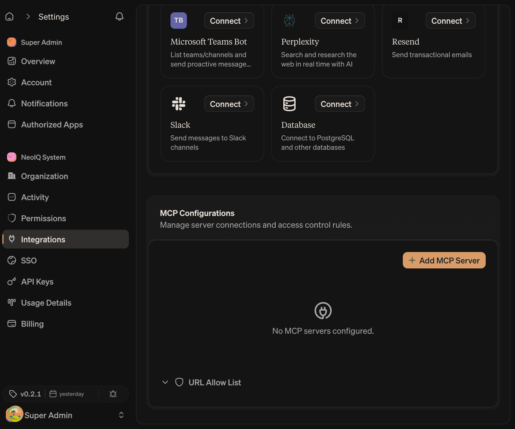MCP Configurations card with an Add MCP Server action, an empty server list, and a collapsed URL Allow List section