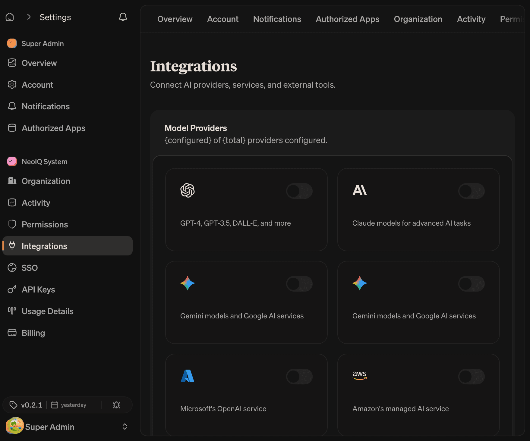 Integrations page Model Providers grid with cards for OpenAI, Anthropic, Google, Azure, AWS, and other AI providers, each with an enable toggle
