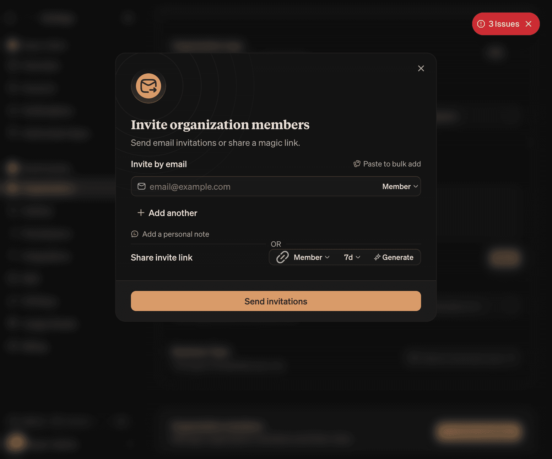 Invite organization members dialog with email rows on the left, role selector and personal note buttons, and a magic link section on the right with role, expiry, and Generate button
