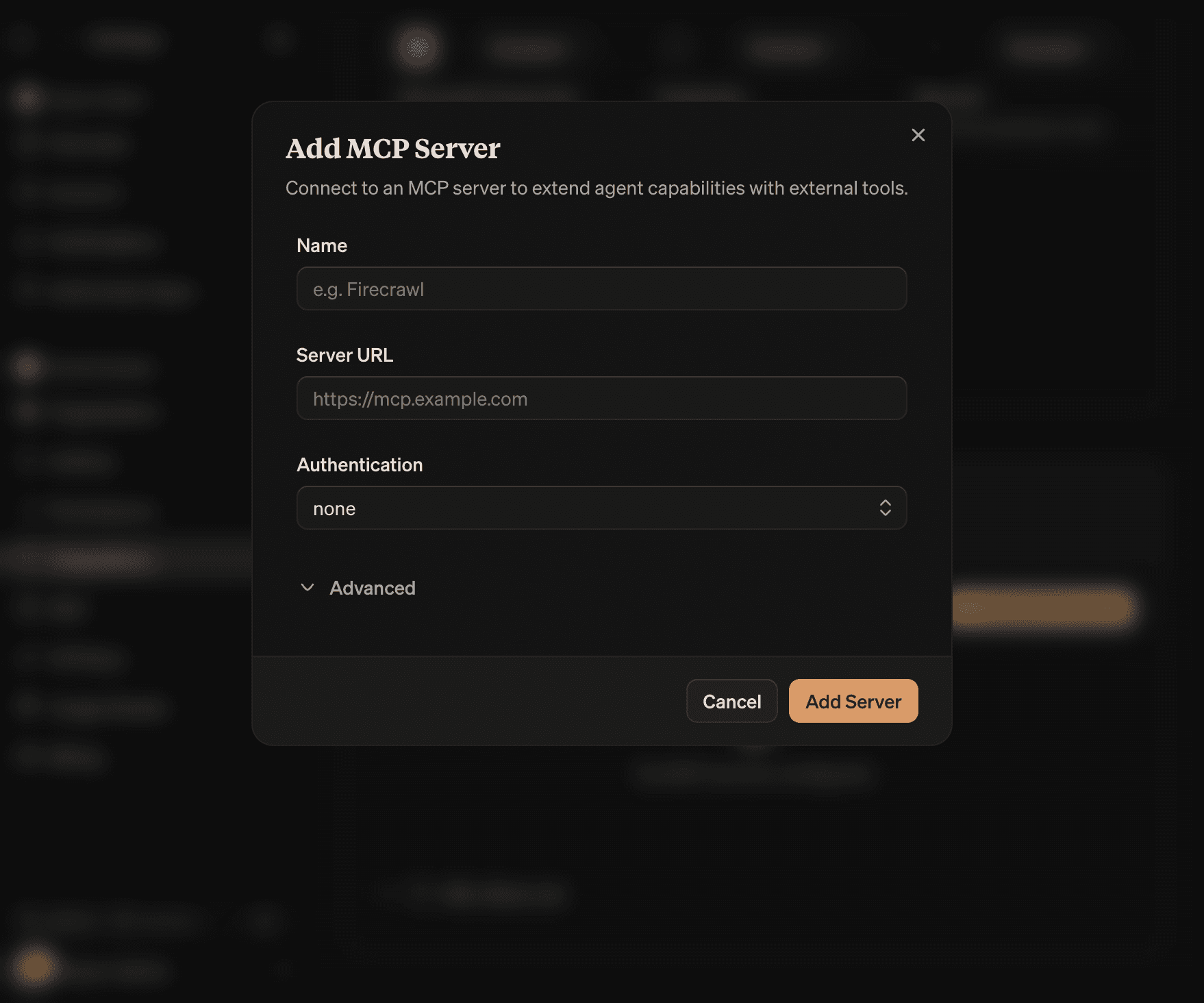 Add MCP Server dialog with Name, Server URL, and Authentication fields, plus a collapsible Advanced section