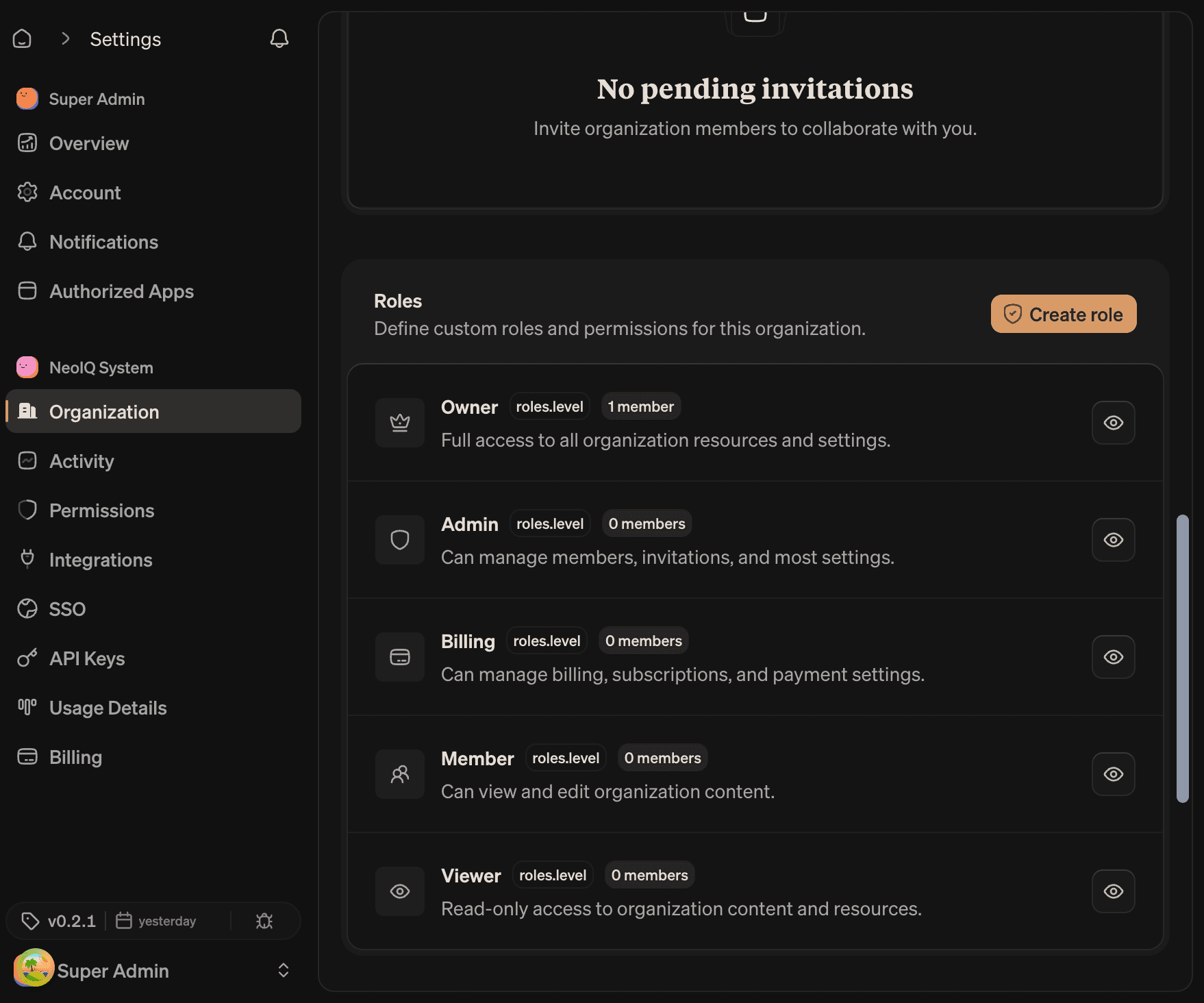 Roles card showing Owner, Admin, Billing, Member, and Viewer rows, each with a description, member count, and View permissions action; a Create role button sits at the top right