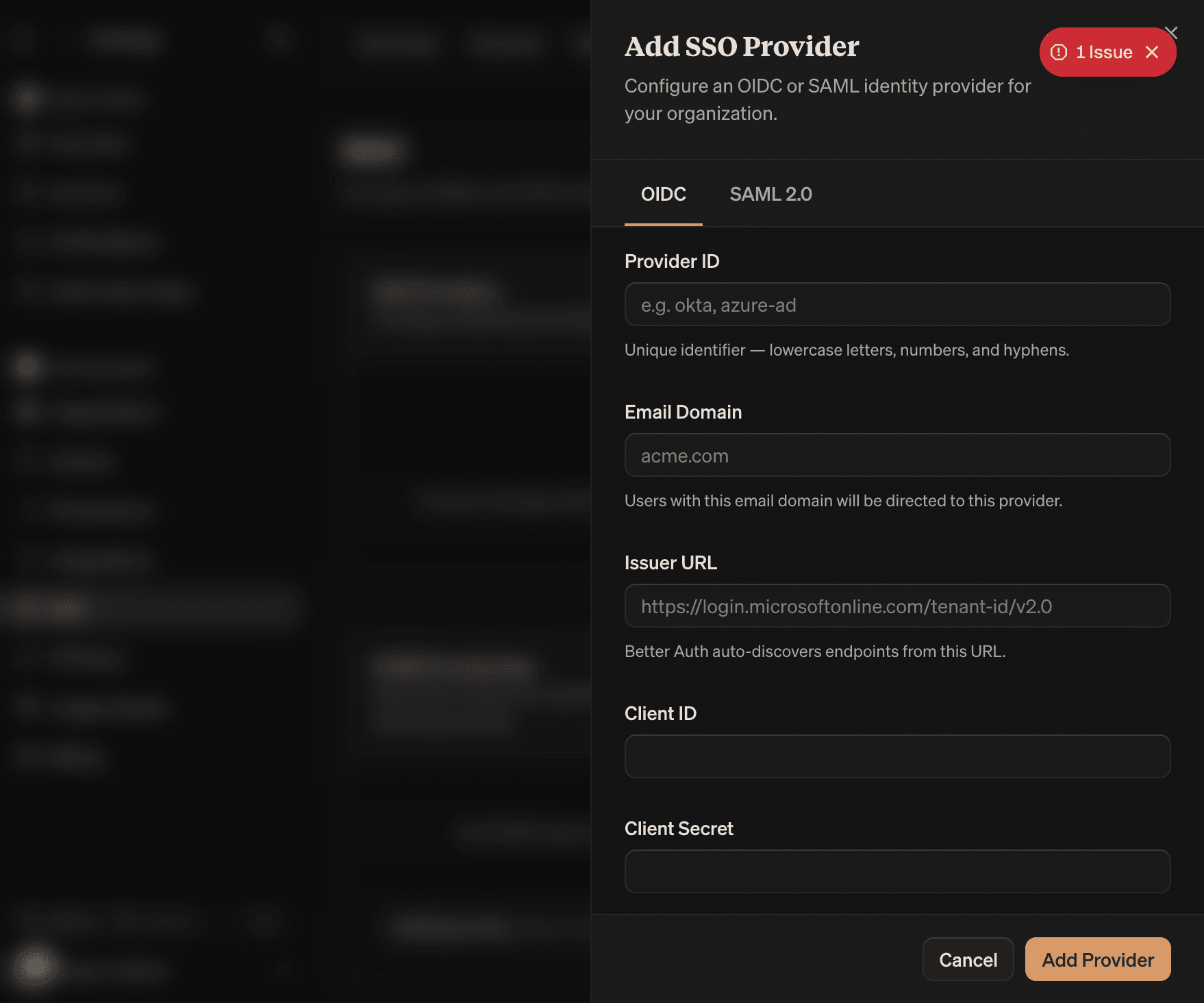 Add SSO Provider sheet with OIDC selected, showing Provider ID, Email Domain, Issuer URL, Client ID, and Client Secret fields