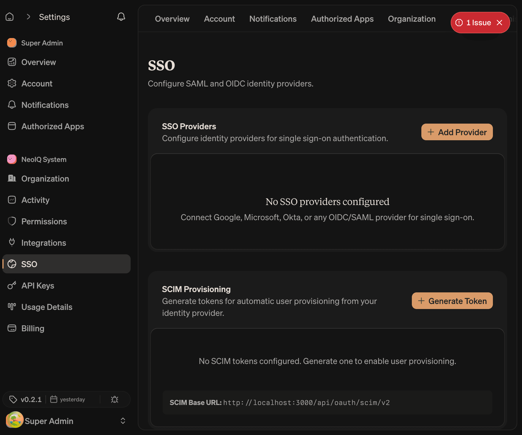 SSO page with an SSO Providers card and an Add Provider action, plus a SCIM Provisioning card showing the SCIM Base URL and a Generate Token action