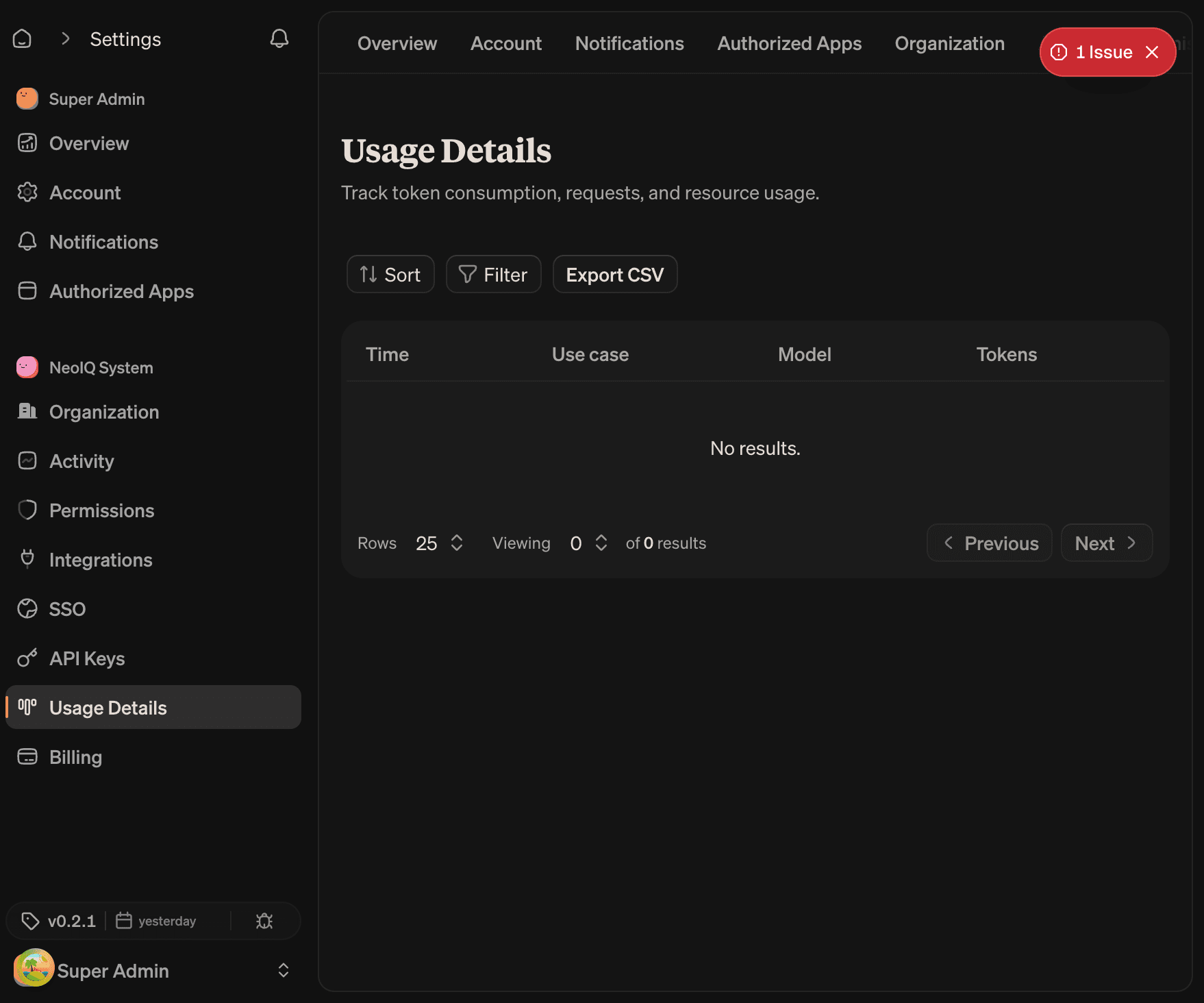 Usage Details page with Sort, Filter, and Export CSV controls above a table of Time, Use case, Model, and Tokens columns; pagination row shows row count and Previous and Next buttons