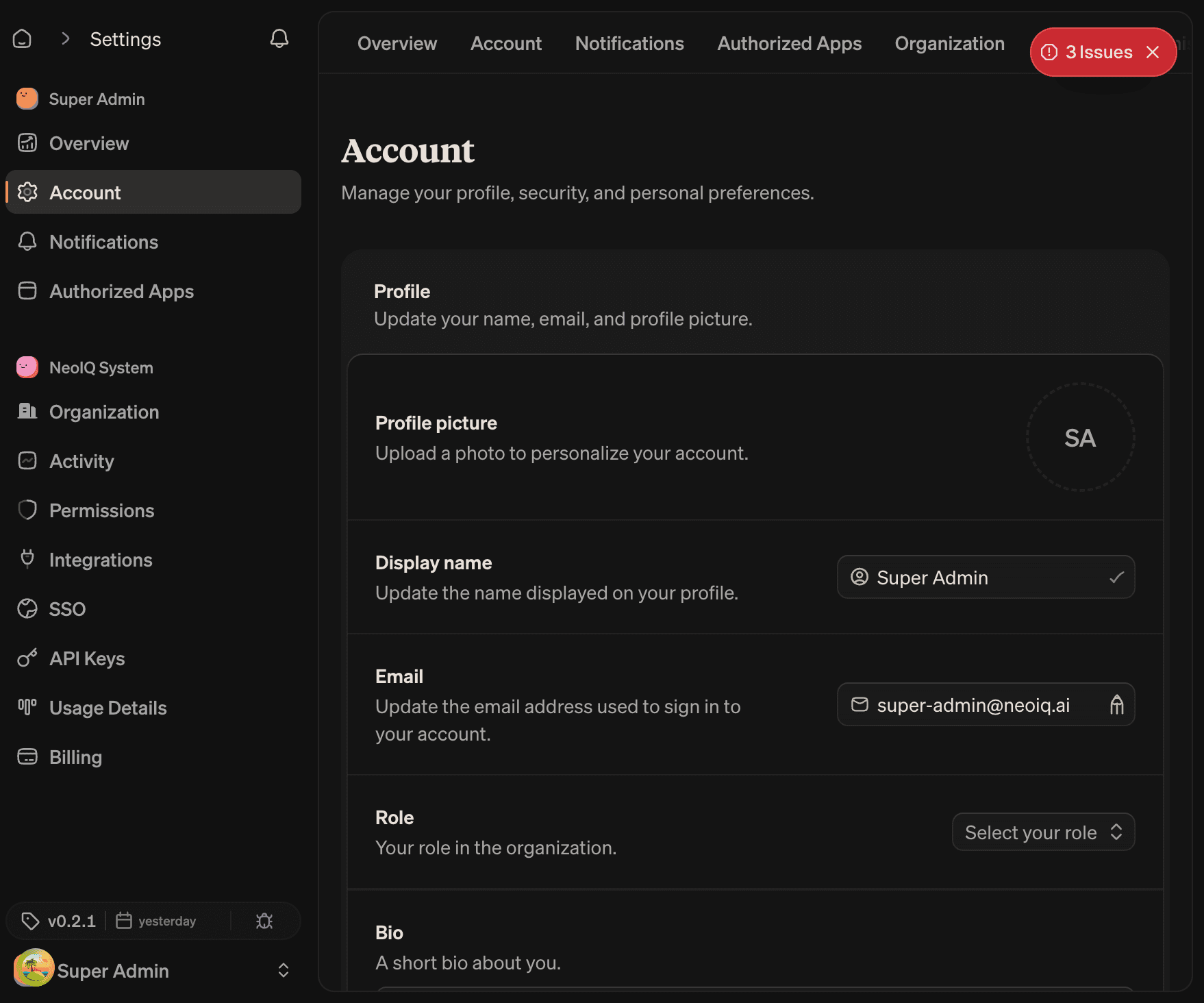 Account page with the Profile card showing profile picture, display name, email, role, and bio fields