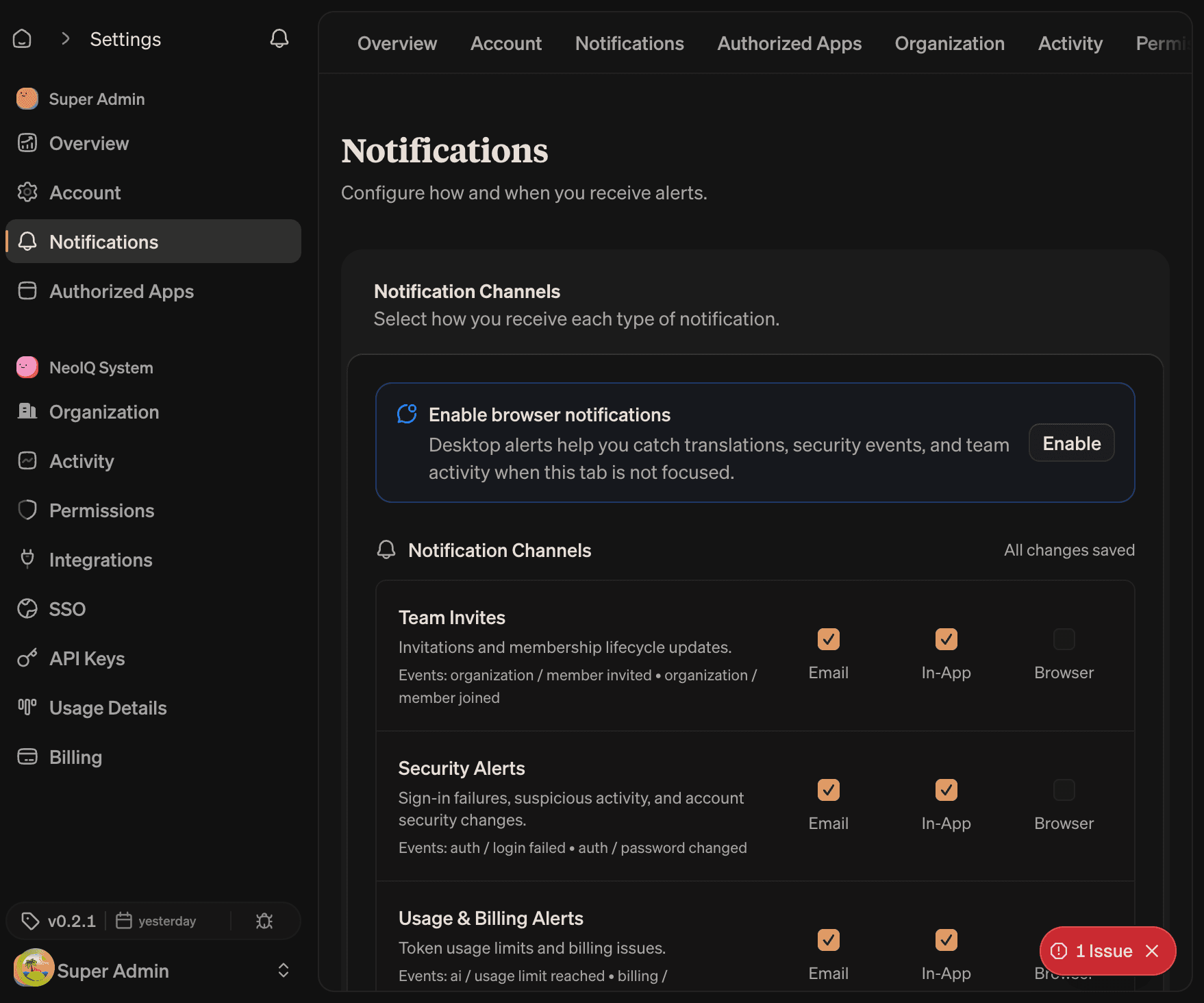Notification Channels matrix with rows for Team Invites, Security Alerts, Usage and Billing Alerts, and Email, In-App, and Browser columns; a banner at the top prompts to enable browser notifications