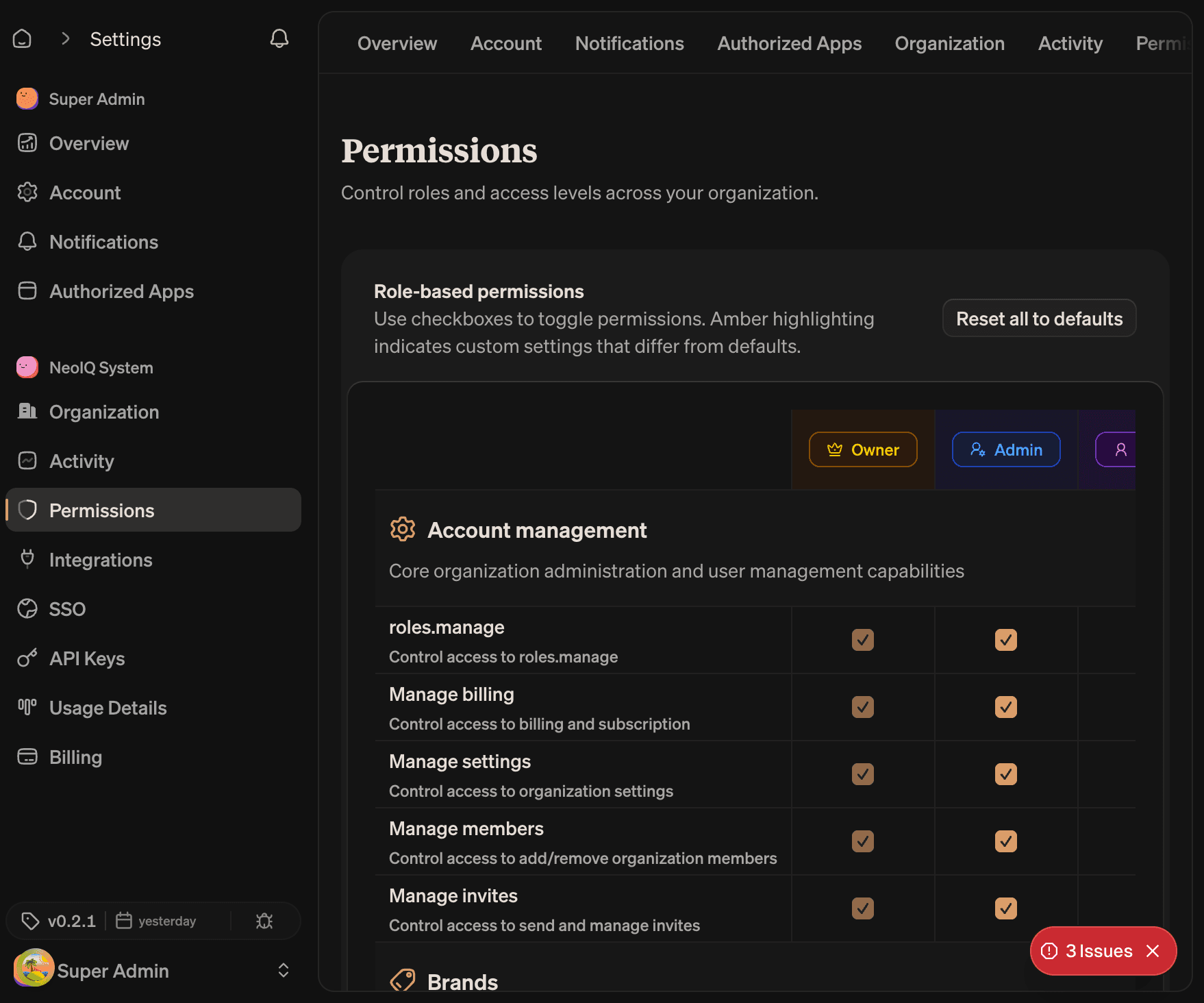 Role-based permissions matrix with Owner and Admin columns, an Account management group exposing roles, billing, settings, members, and invites permissions, and a Reset all to defaults action