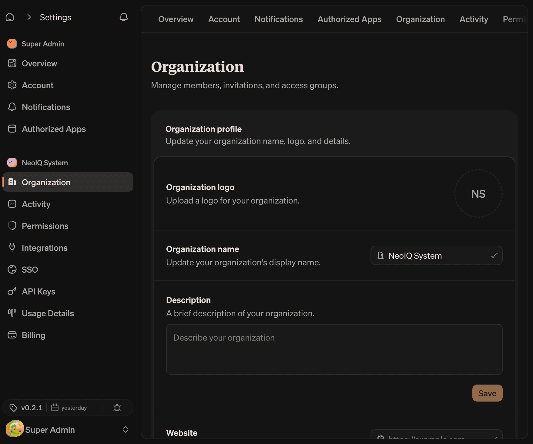 Organization profile card with logo, name, description, and website fields, each with its own auto-save indicator